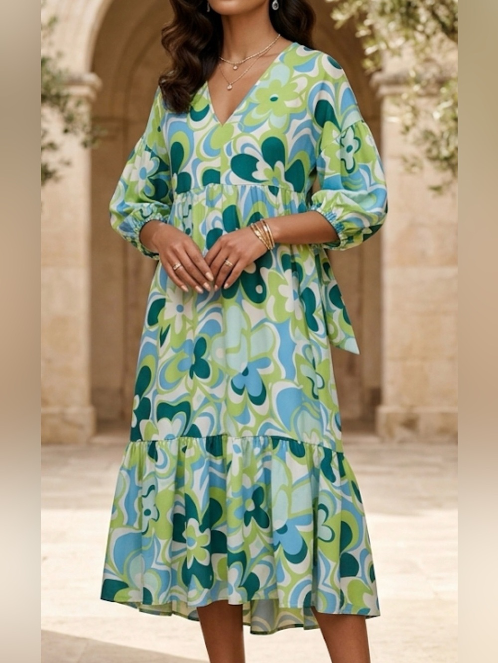 ASOS DESIGN Petite Green Blue Retro Floral Swirl Tie Back Puff Sleeve Mini Dress